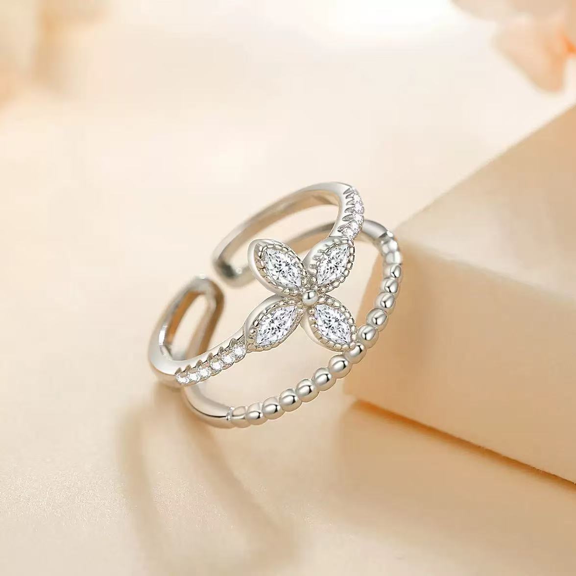Double-layer Four leaf Clover Design S925 Sterling Silver Ring
