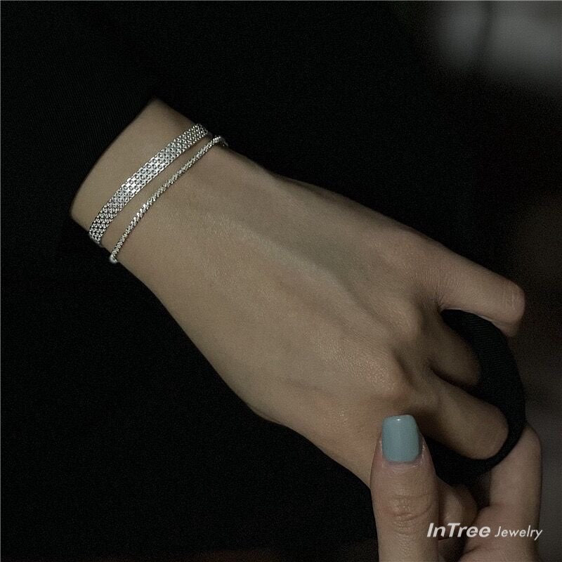 S925 Sterling Silver Double Layer Wide Bracelet