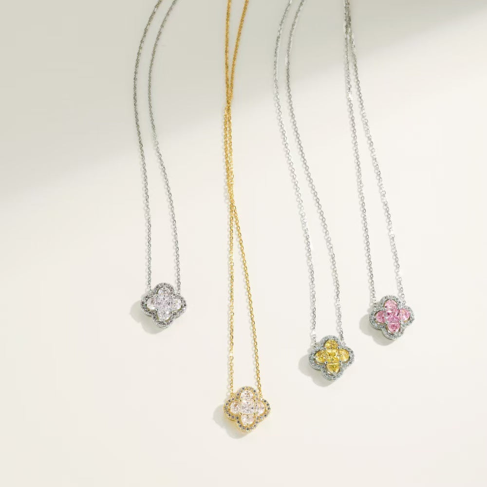 Four-leaf Clover S925 Sterling Silver Necklace set with Premium Zircon