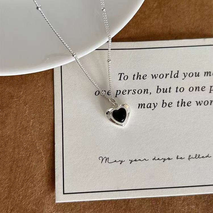 Black Agate Heart Shaped S925 Sterling Silver Necklace