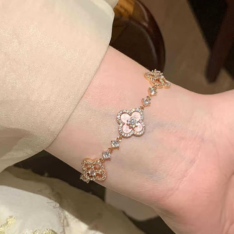 Pink Four-leaf Clover Bracelet Set with 5A Zircon