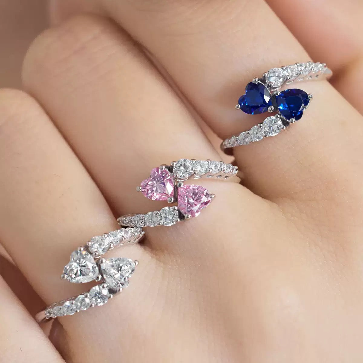 Double Hearts S925 Sterling Silver Ring Set with 5A Zircon