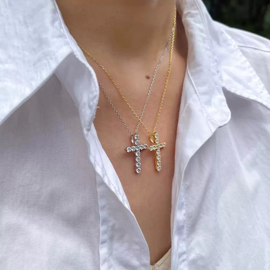 S925 Sterling Silver Cross Necklace Set with premium Zircon