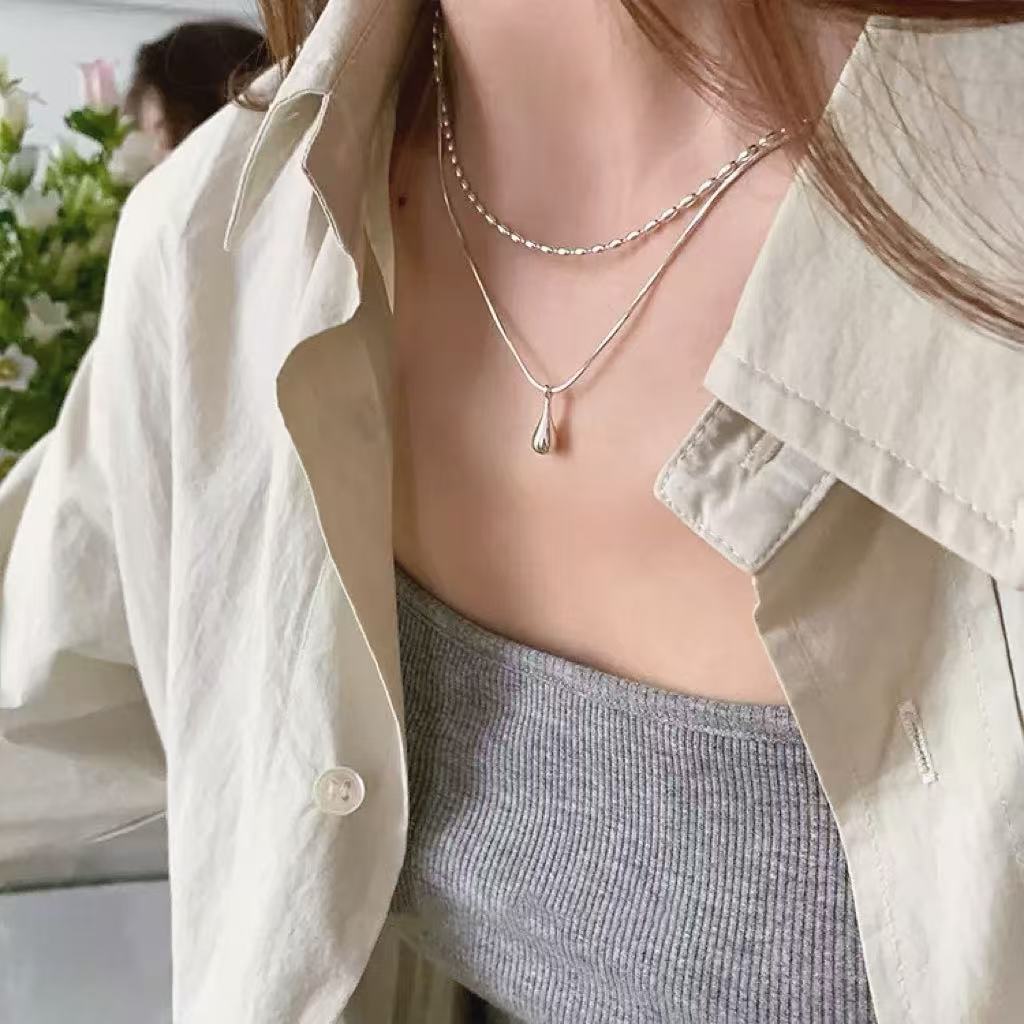 Double Chain Design Olive Teardrop Necklace