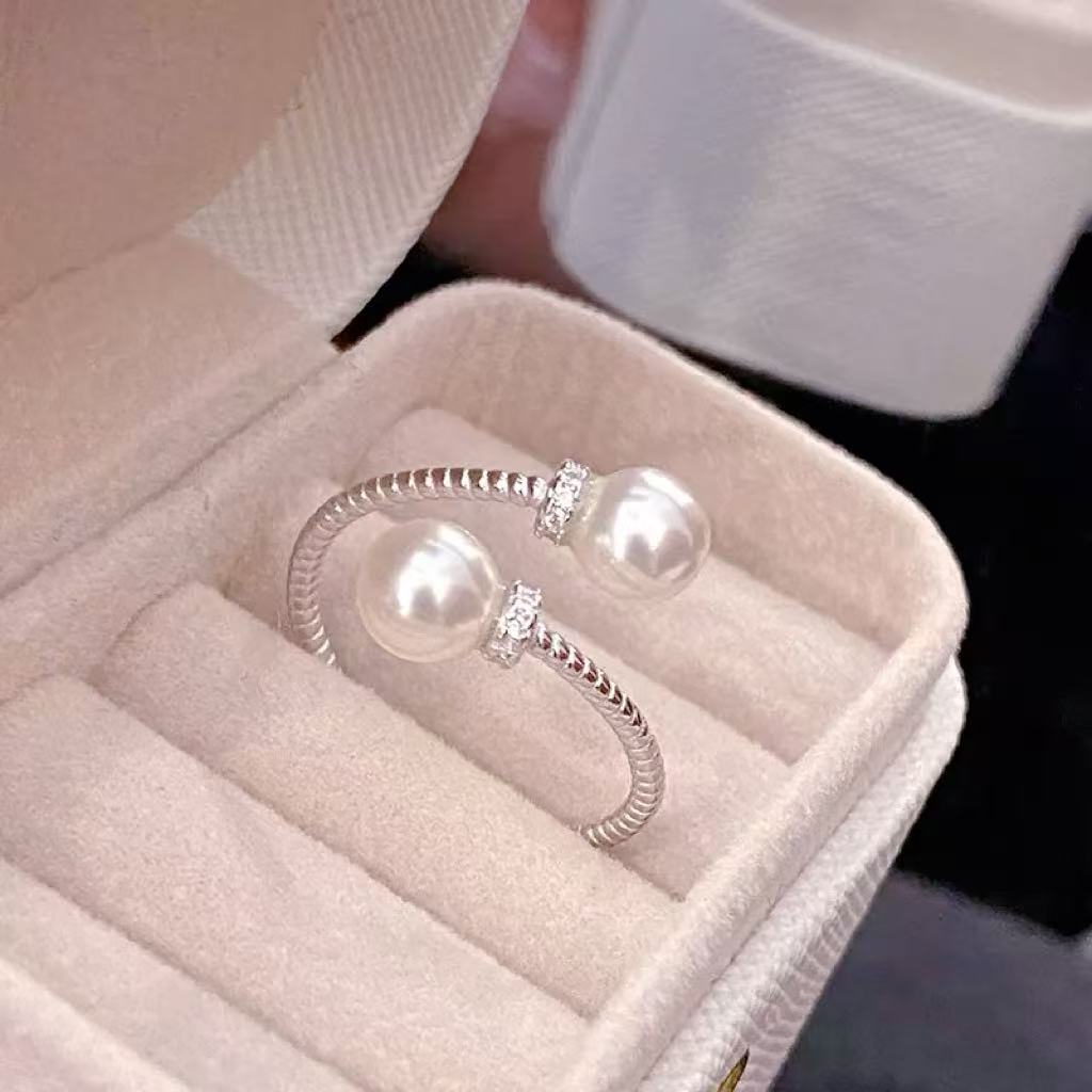 Double Pearl Design S925 Sterling Silver Ring