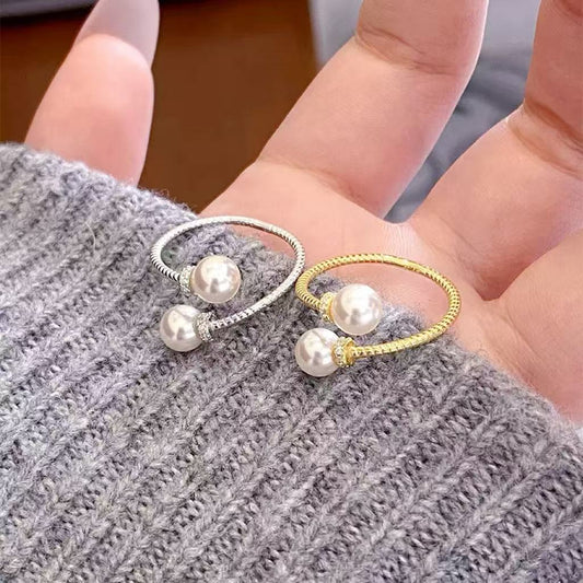 Double Pearl Design S925 Sterling Silver Ring