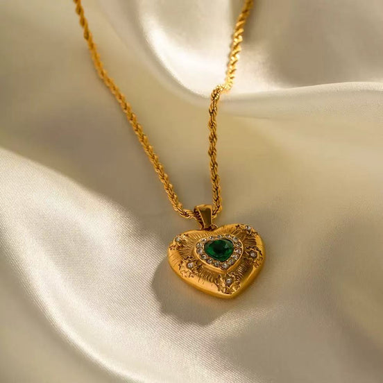 Love Heart With Green Diamond Necklace Plated with 18K Gold