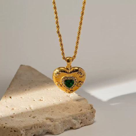 Love Heart With Green Diamond Necklace Plated with 18K Gold