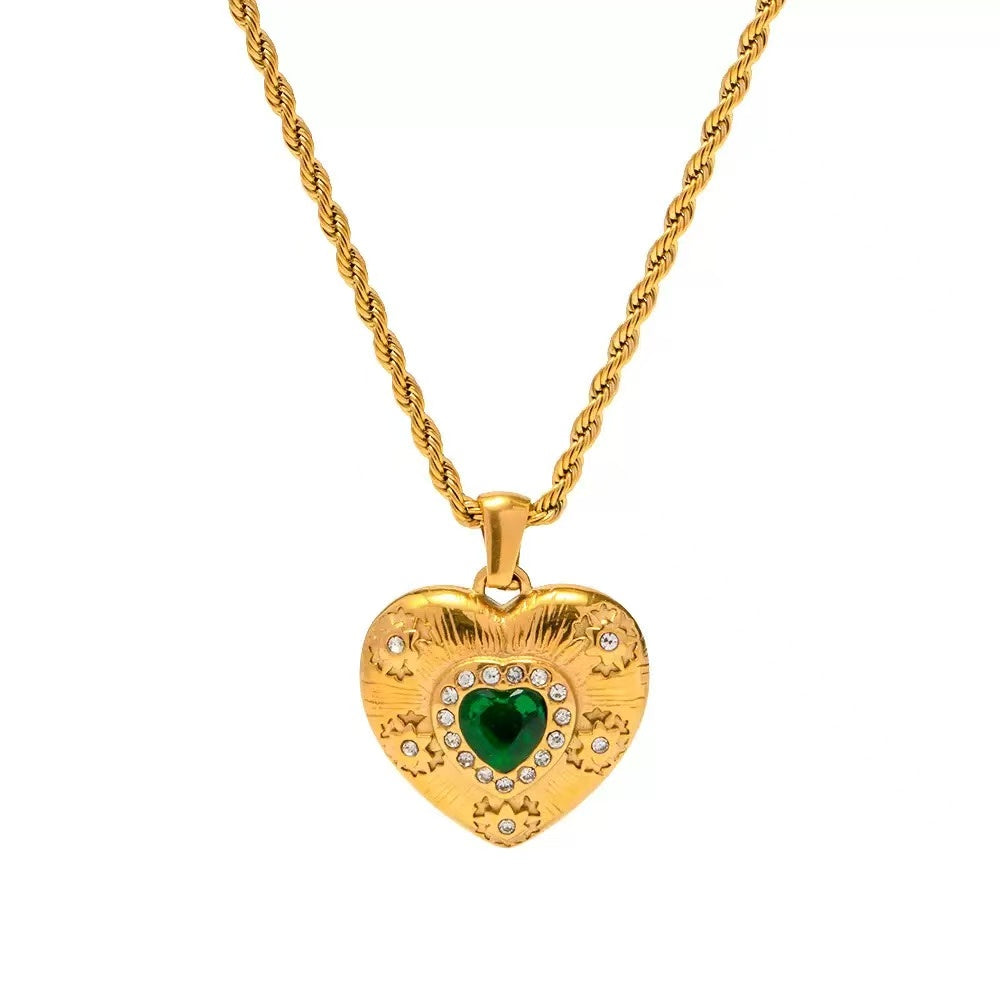 Love Heart With Green Diamond Necklace Plated with 18K Gold