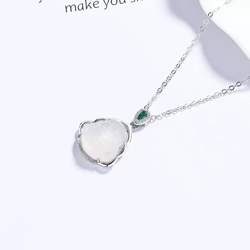 White Chalcedony Laughing Buddha S925 Sterling Silver Necklace