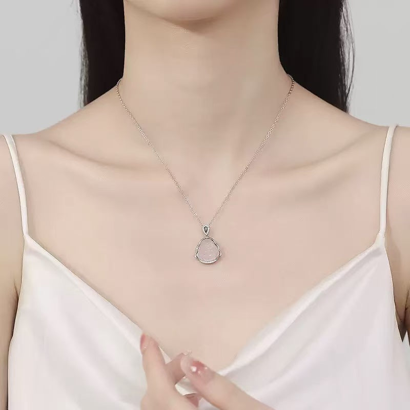White Chalcedony Laughing Buddha S925 Sterling Silver Necklace