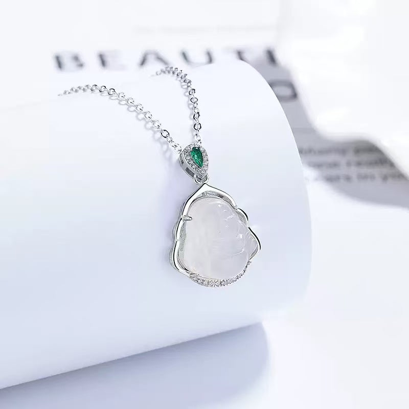 White Chalcedony Laughing Buddha S925 Sterling Silver Necklace