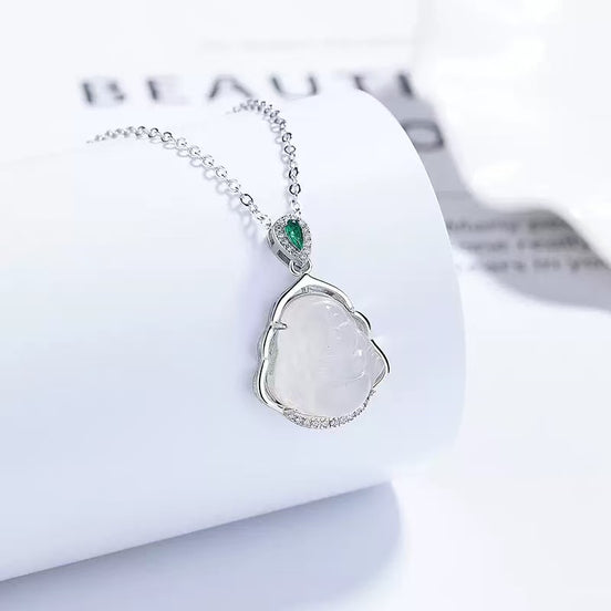 White Chalcedony Laughing Buddha S925 Sterling Silver Necklace