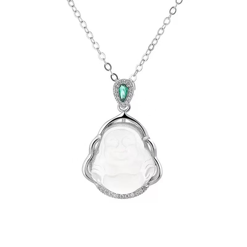 White Chalcedony Laughing Buddha S925 Sterling Silver Necklace