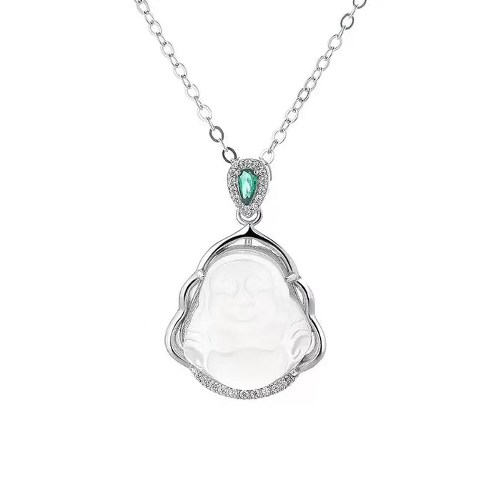 White Chalcedony Laughing Buddha S925 Sterling Silver Necklace