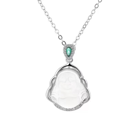 White Chalcedony Laughing Buddha S925 Sterling Silver Necklace