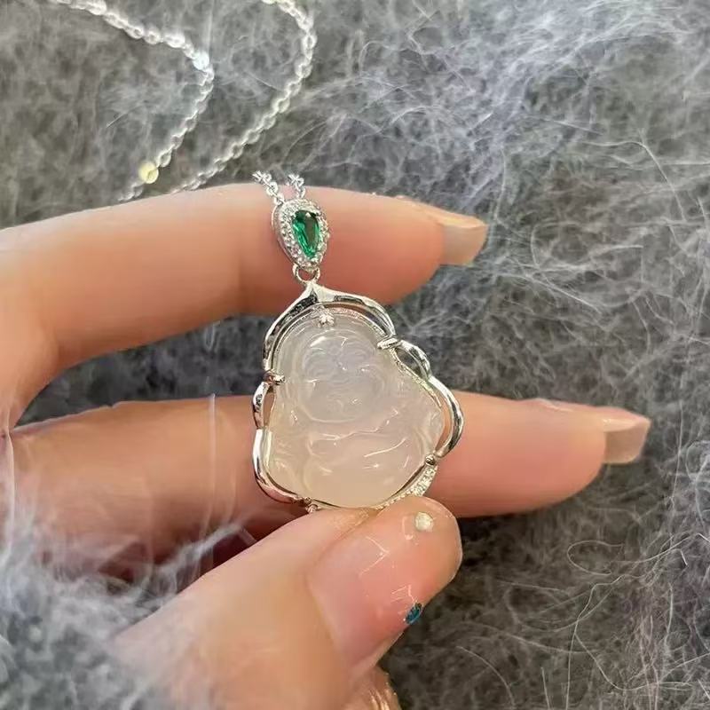 White Chalcedony Laughing Buddha S925 Sterling Silver Necklace