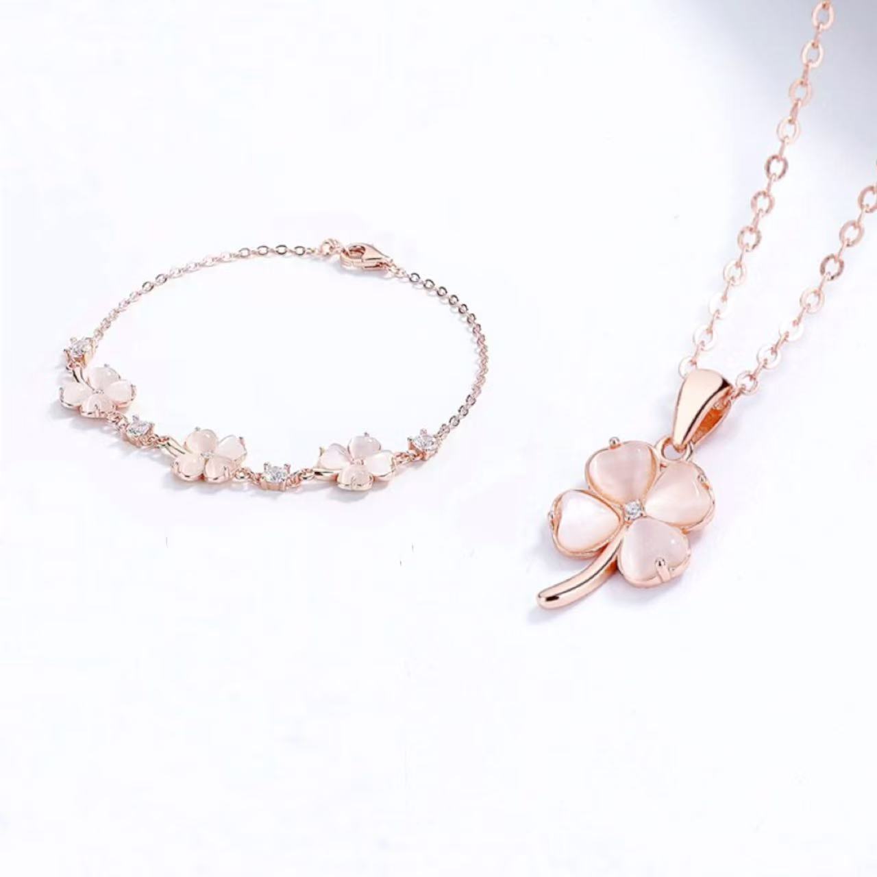 Rose Gold Four Leaf Clover Cat's Eye SET