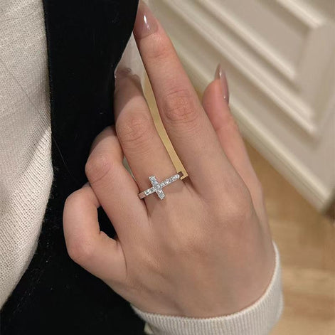 Cross Design S925 Sterling Silver Ring Set with 5A Zircon