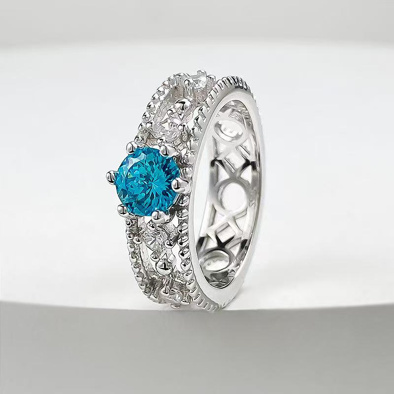 Sea Blue Diamond Hollow Out Design Ring