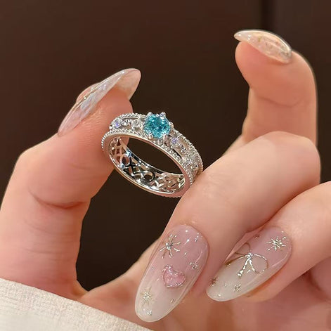 Sea Blue Diamond Hollow Out Design Ring