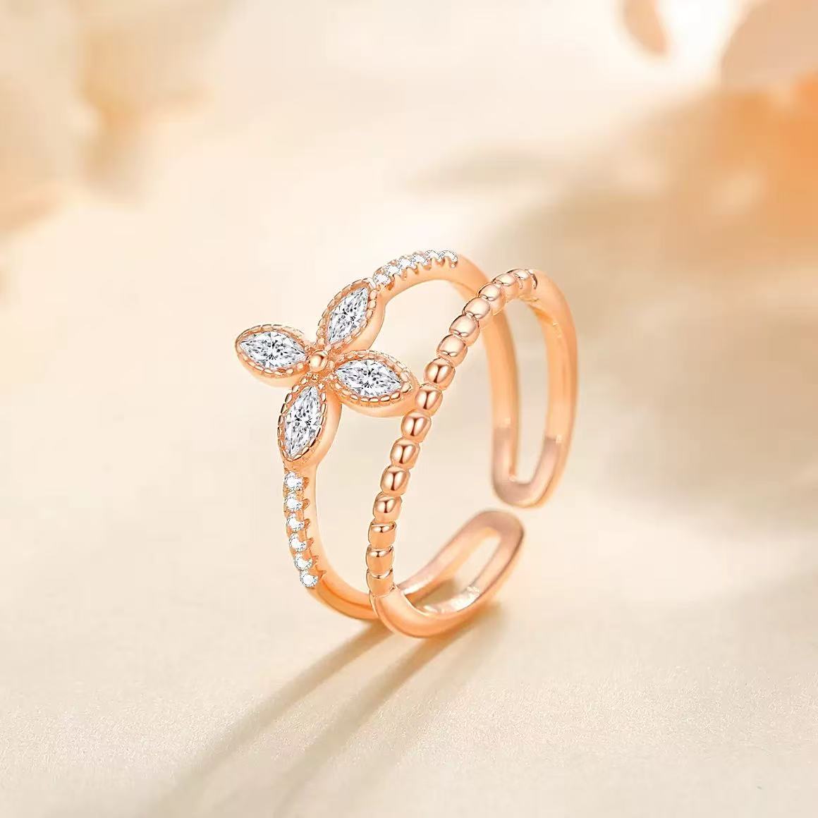 Double-layer Four leaf Clover Design S925 Sterling Silver Ring