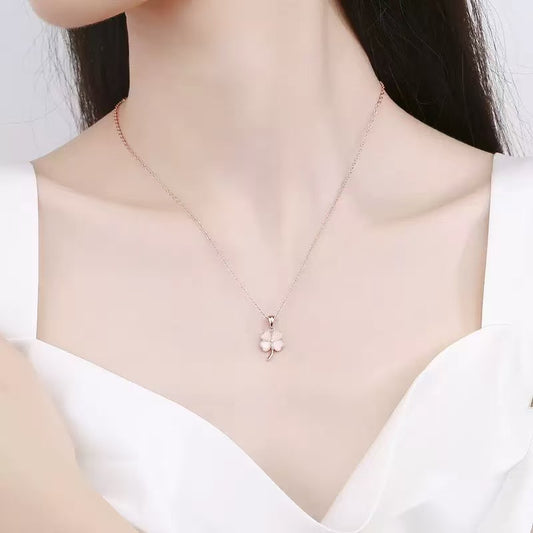S925 Sterling Silver Four Leaf Clover Cat‘s Eye Necklace