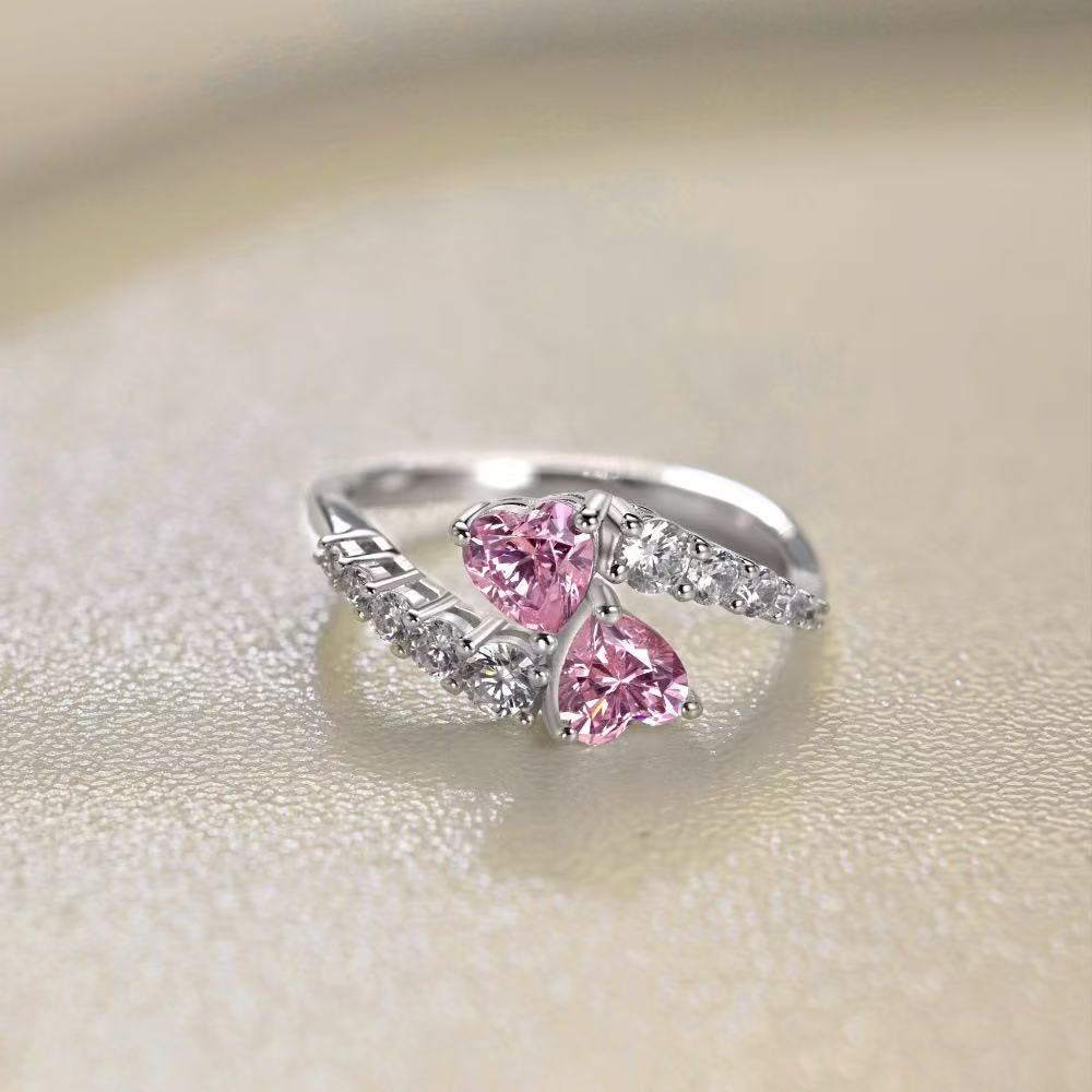 Double Hearts S925 Sterling Silver Ring Set with 5A Zircon