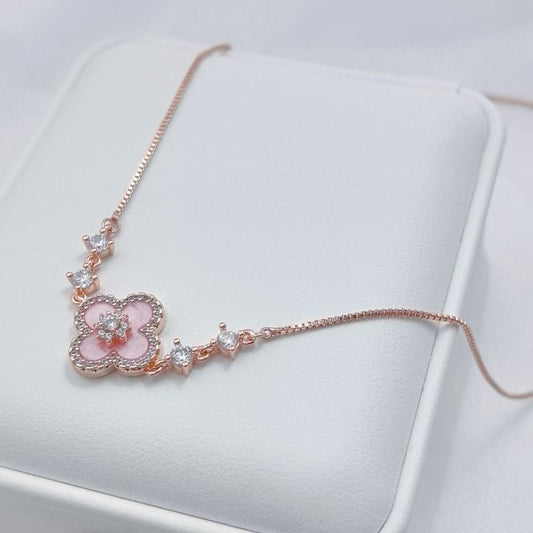 Pink Four-leaf Clover Necklace Set with 5A Zircon