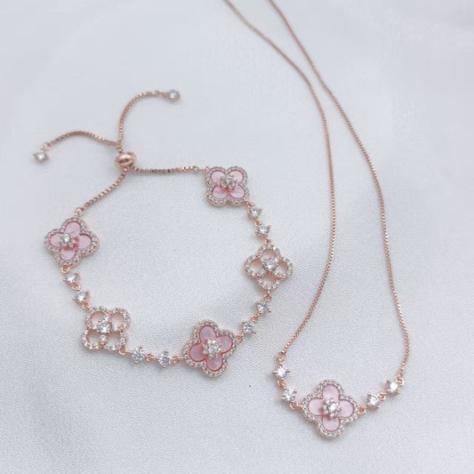 Pink Four-leaf Clover Necklace & Bracelet SET
