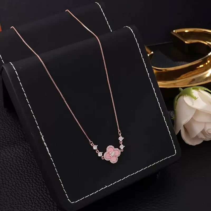 Pink Four-leaf Clover Necklace Set with 5A Zircon