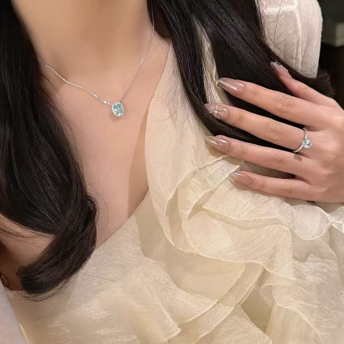 High Carbon Diamond S925 Silver Blue Oval SET-Necklace & Ring