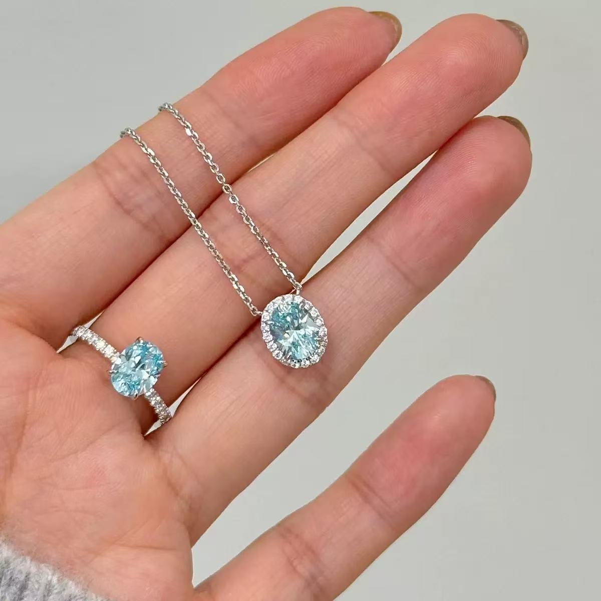 High Carbon Diamond S925 Silver Blue Oval SET-Necklace & Ring