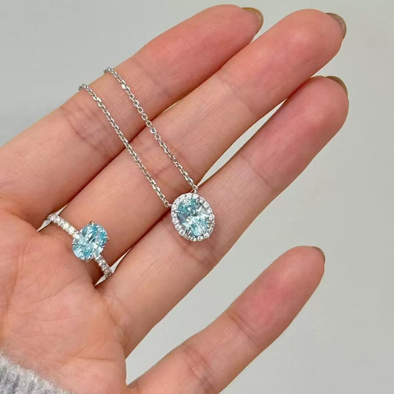 High Carbon Diamond S925 Silver Blue Oval SET-Necklace & Ring