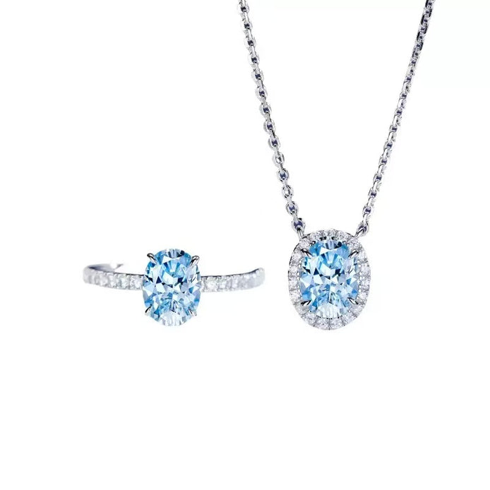 High Carbon Diamond S925 Silver Blue Oval SET-Necklace & Ring