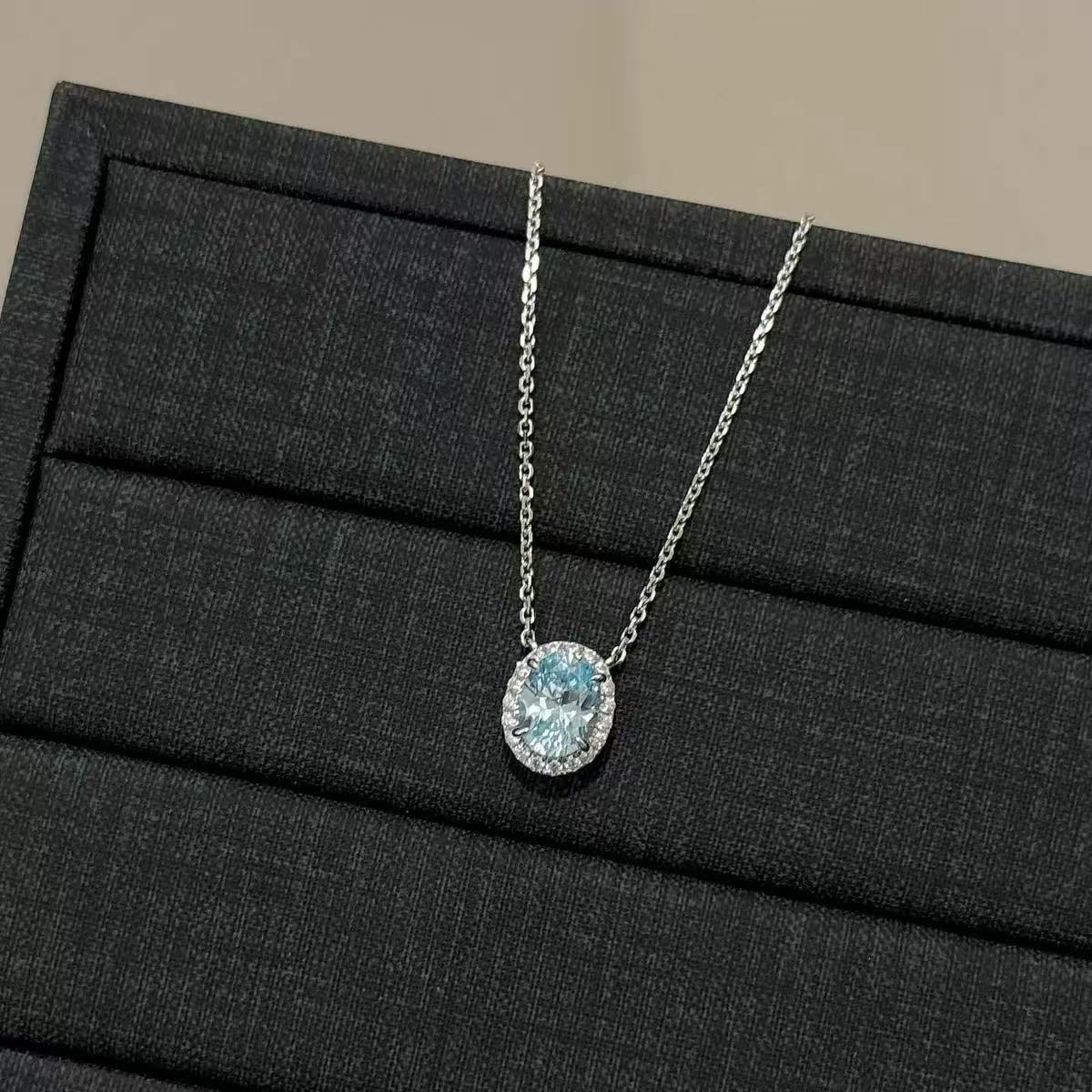 High Carbon Diamond S925 Silver Blue Oval SET-Necklace & Ring