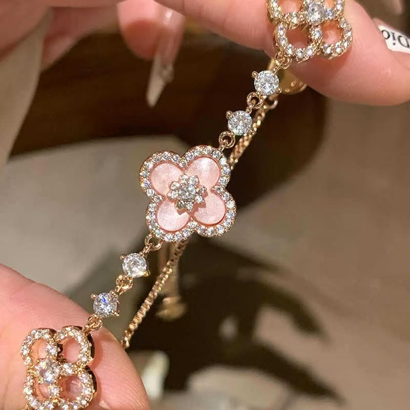 Pink Four-leaf Clover Bracelet Set with 5A Zircon