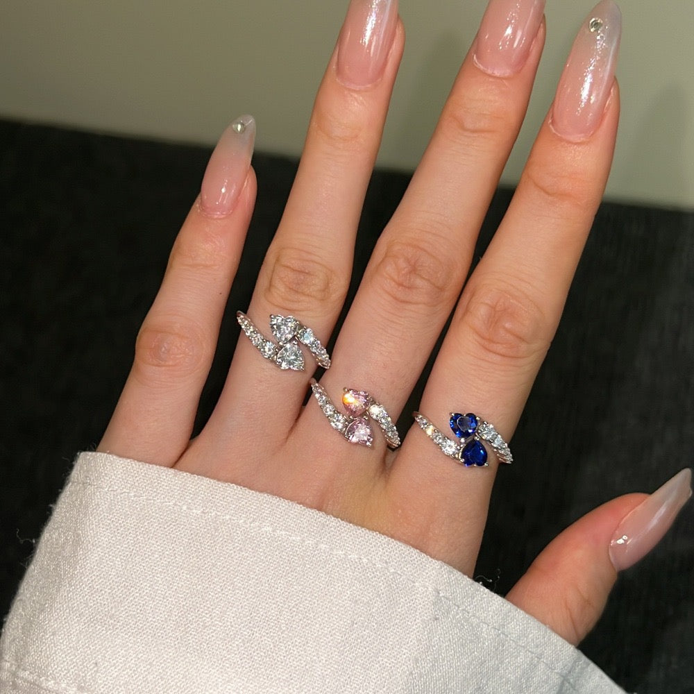 Double Hearts S925 Sterling Silver Ring Set with 5A Zircon