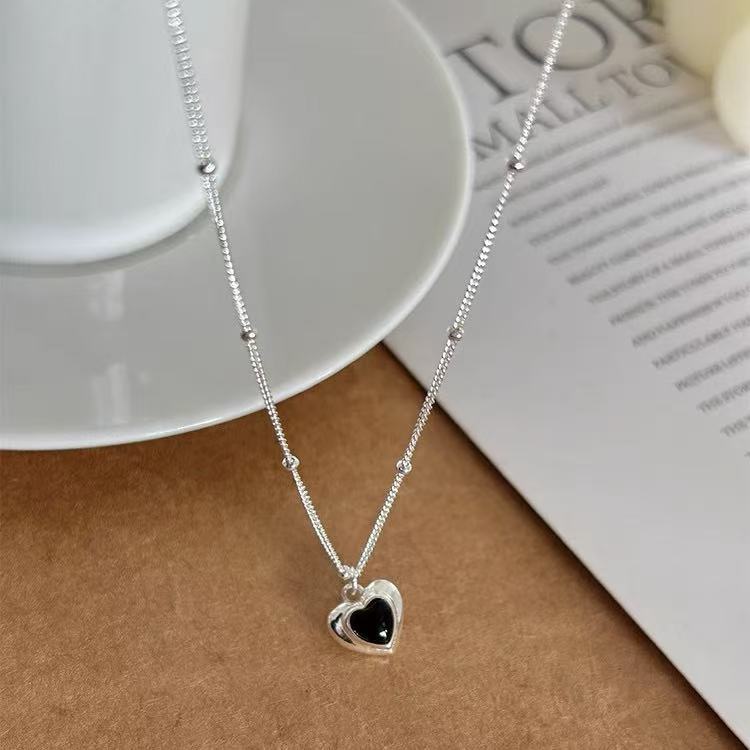Black Agate Heart Shaped S925 Sterling Silver Necklace