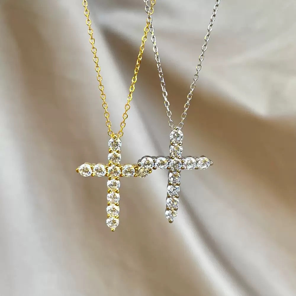 S925 Sterling Silver Cross Necklace Set with premium Zircon
