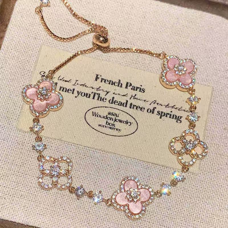 Pink Four-leaf Clover Bracelet Set with 5A Zircon