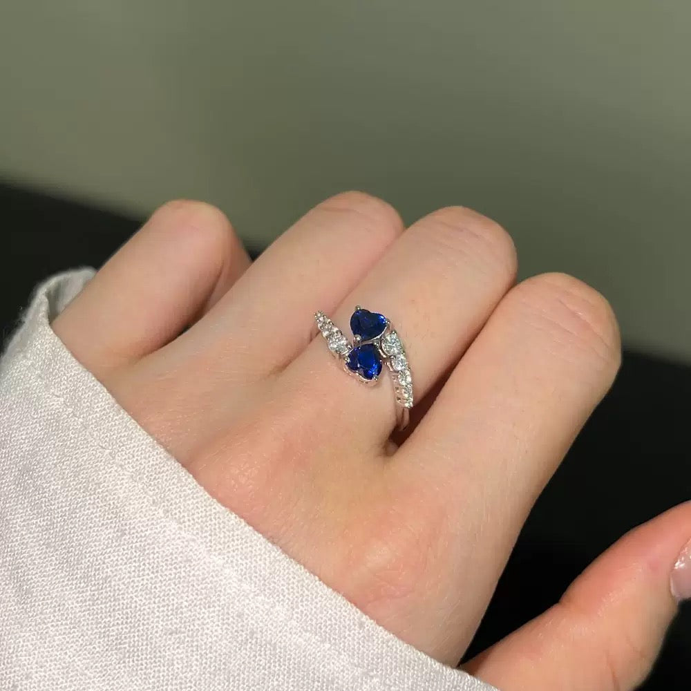 Double Hearts S925 Sterling Silver Ring Set with 5A Zircon