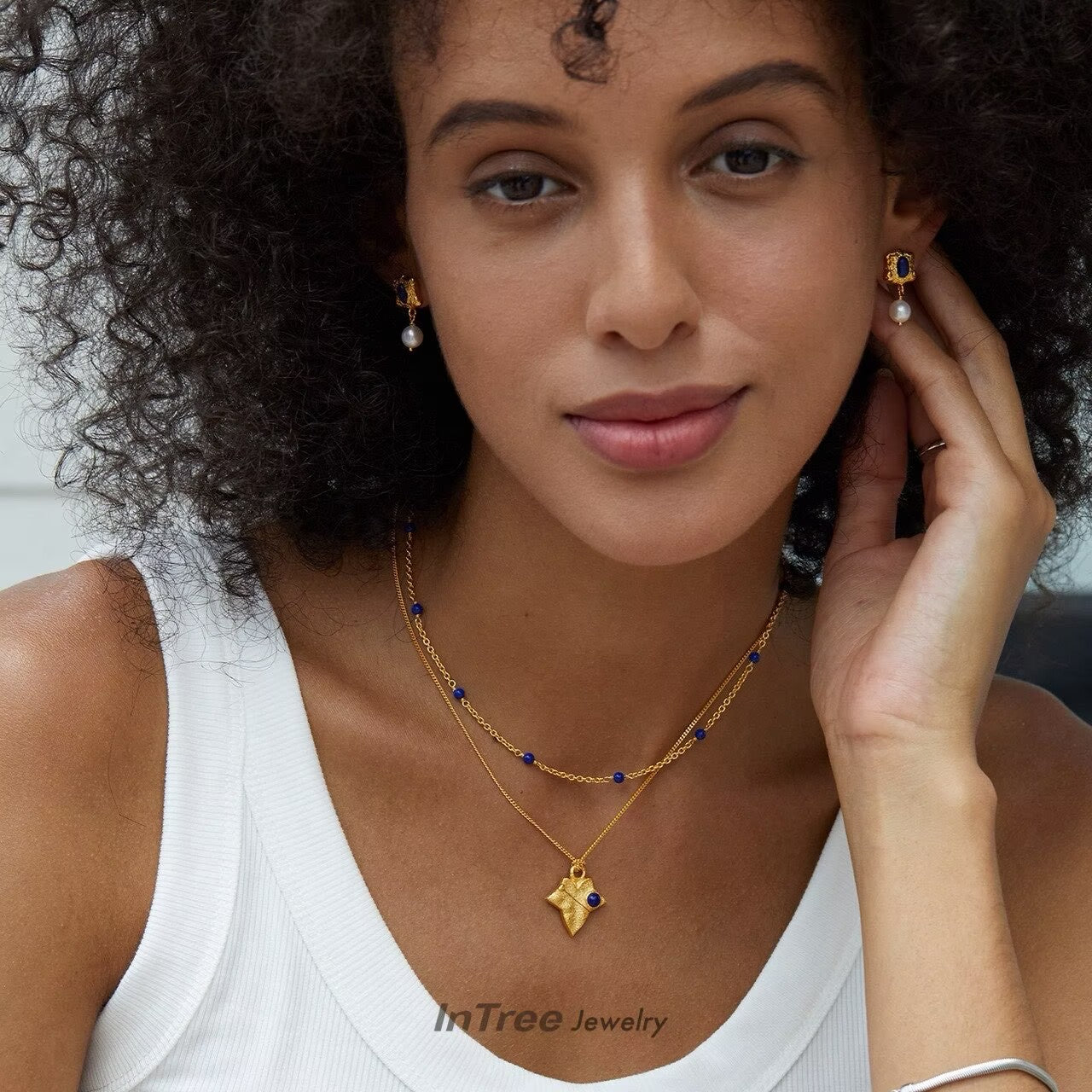 Original Designer -Lapis Scattered on Golden String Necklace