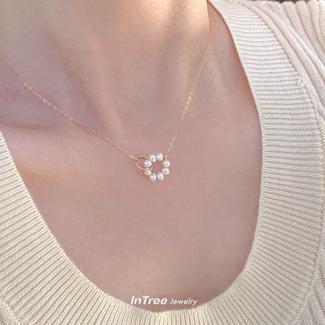 14K Gold Filled Double  Circle Design Pearl Necklace