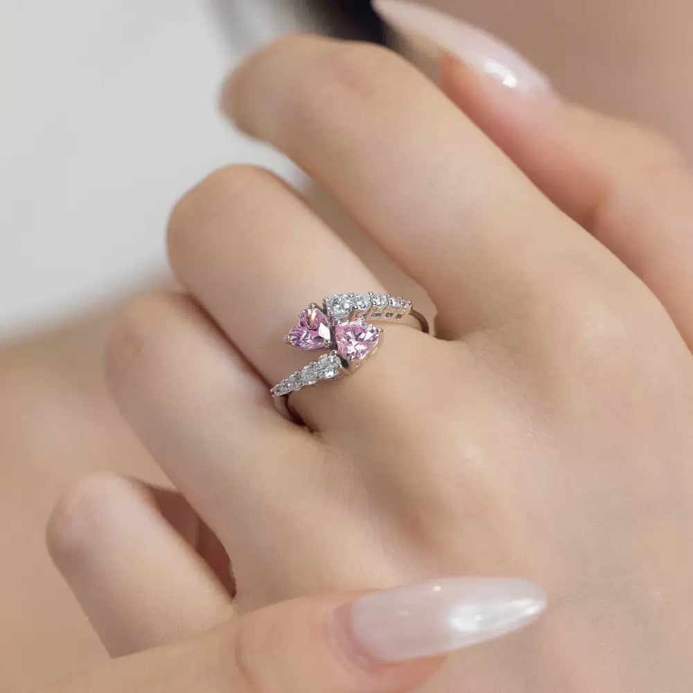 Double Hearts S925 Sterling Silver Ring Set with 5A Zircon