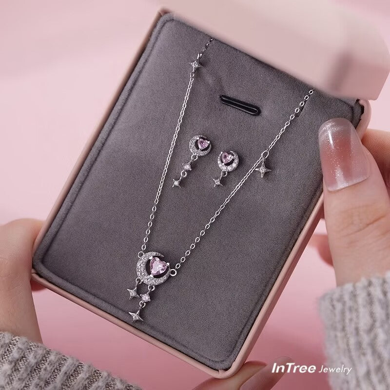 S999 Silver Moon Heart Design Necklace SET