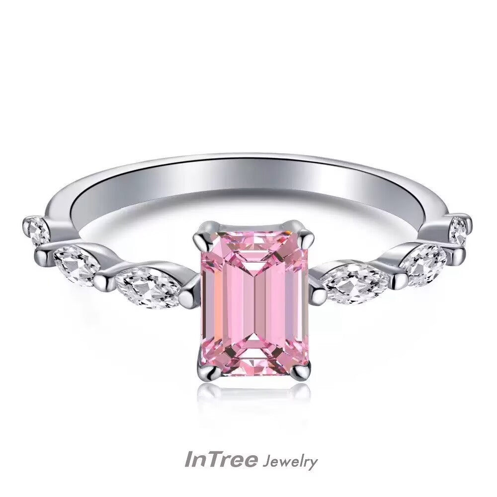 S925 Sterling Silver Square Pink Ring