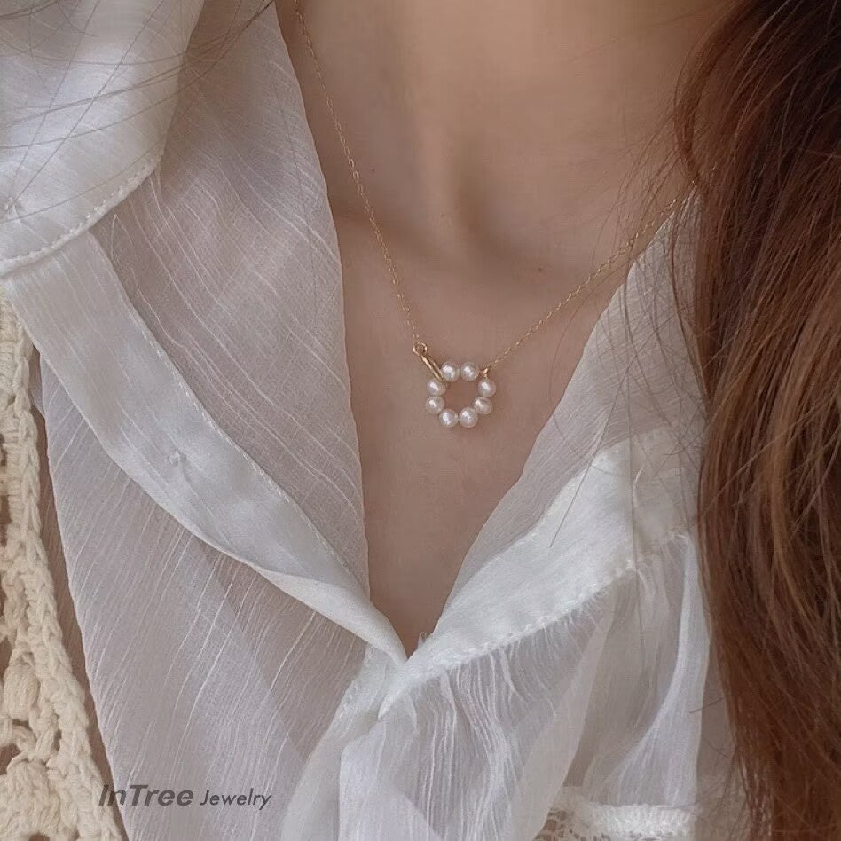 14K Gold Filled Double  Circle Design Pearl Necklace