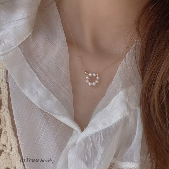 14K Gold Filled Double  Circle Design Pearl Necklace