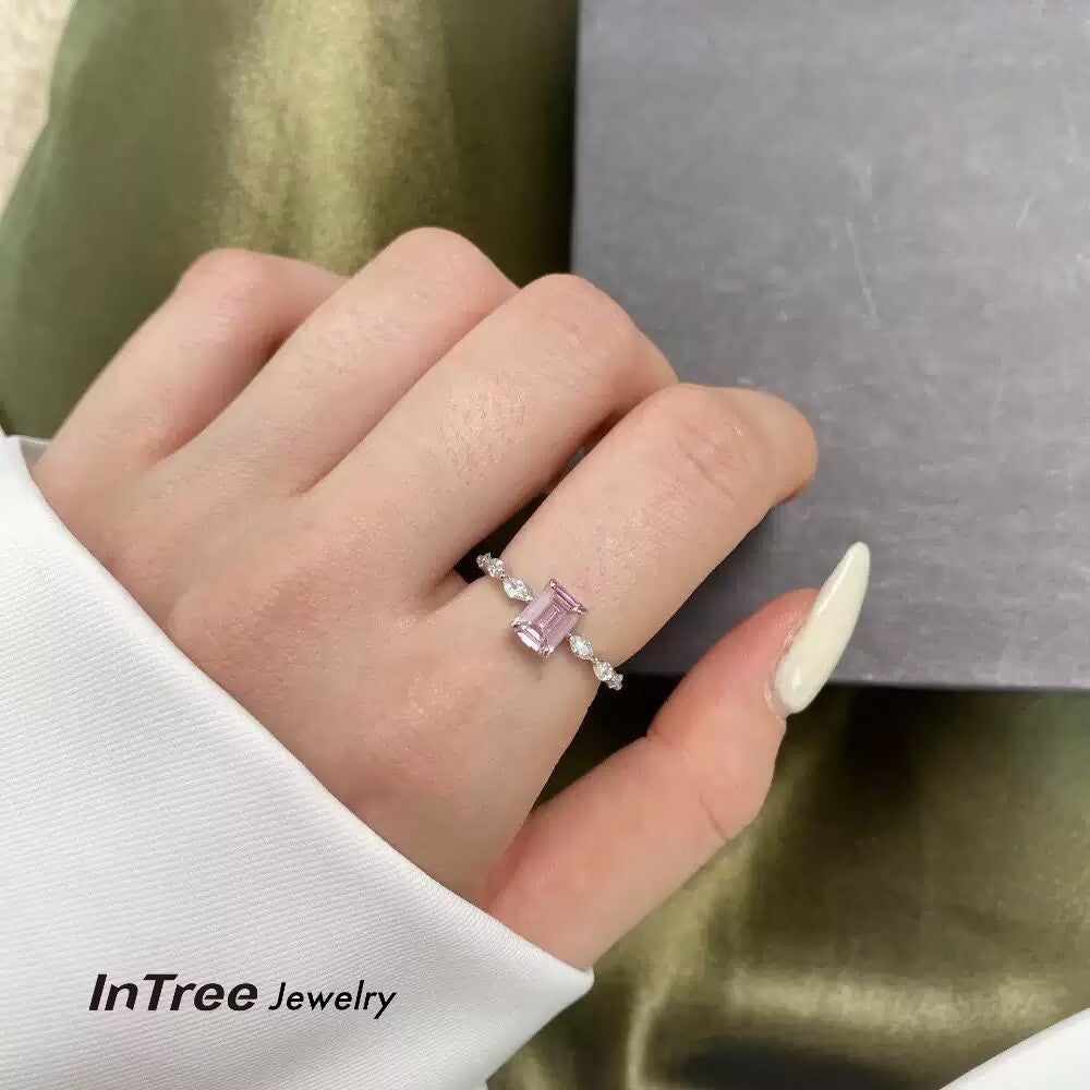 S925 Sterling Silver Square Pink Ring